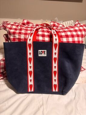 Brighton Navy Tote with Red Heart Strap Accents